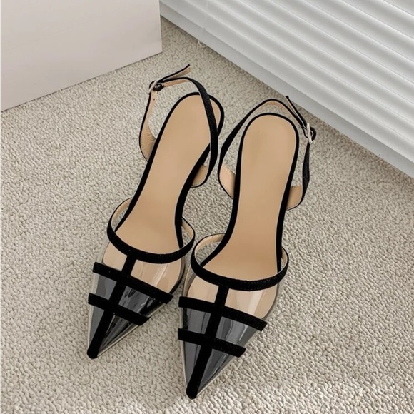 Black Clear Point Toe Slingback stiletto Pumps - Picture 6 of 6